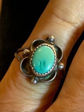 Vintage Native American EO Sterling Silver Turquoise Flower Ring Size 4.75-5